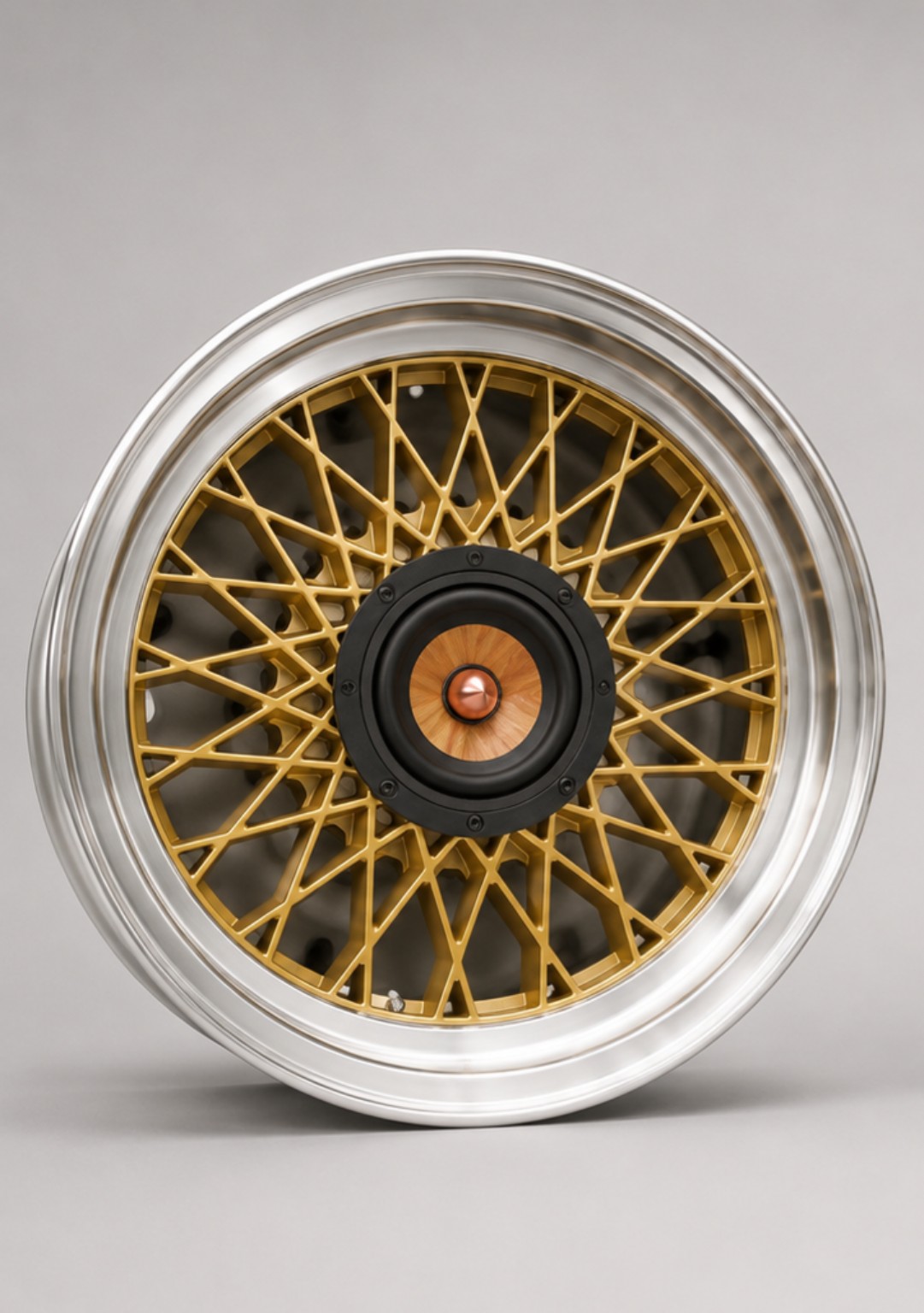 Gold classic Japanese mesh rim converted into a PARC Audio Bluetooth speaker